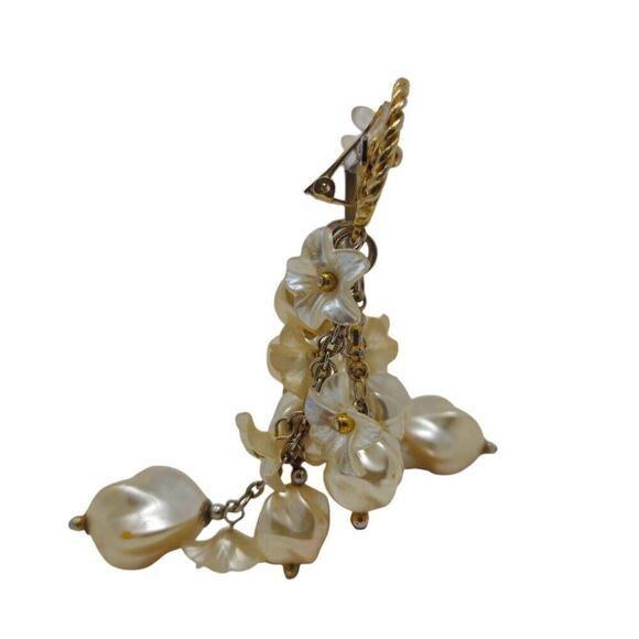 Large Vintage Runway Statement Gold Swirl & Floral Pearl Beaded Dangle Earrings - Picture 8 of 12